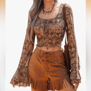 GORGLITTER Women’s Sheer Mesh Top With Long Bell Sleeves